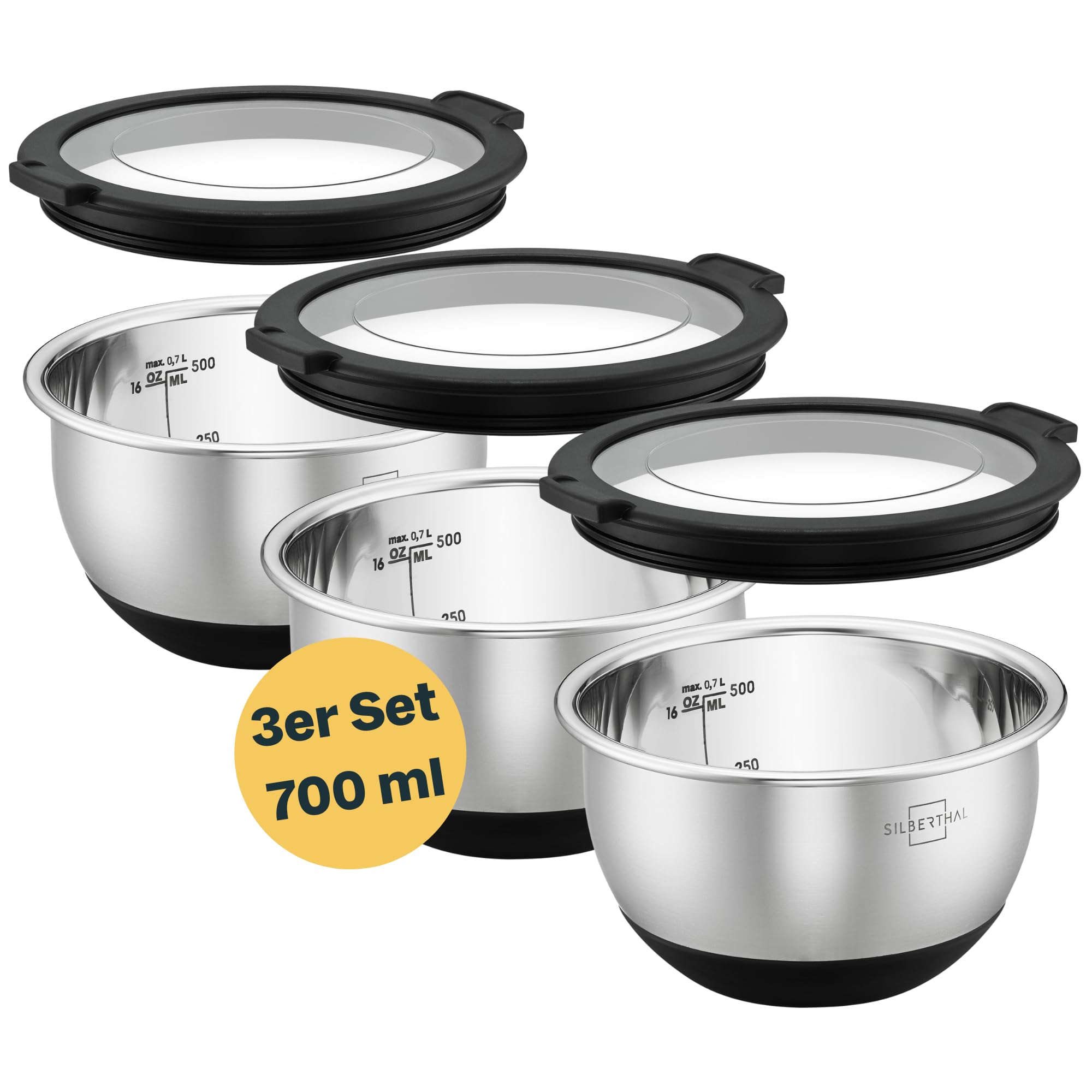SILBERTHAL Edelstahl Rührschüssel Set mit Deckel 700 ml 3er, Schüssel