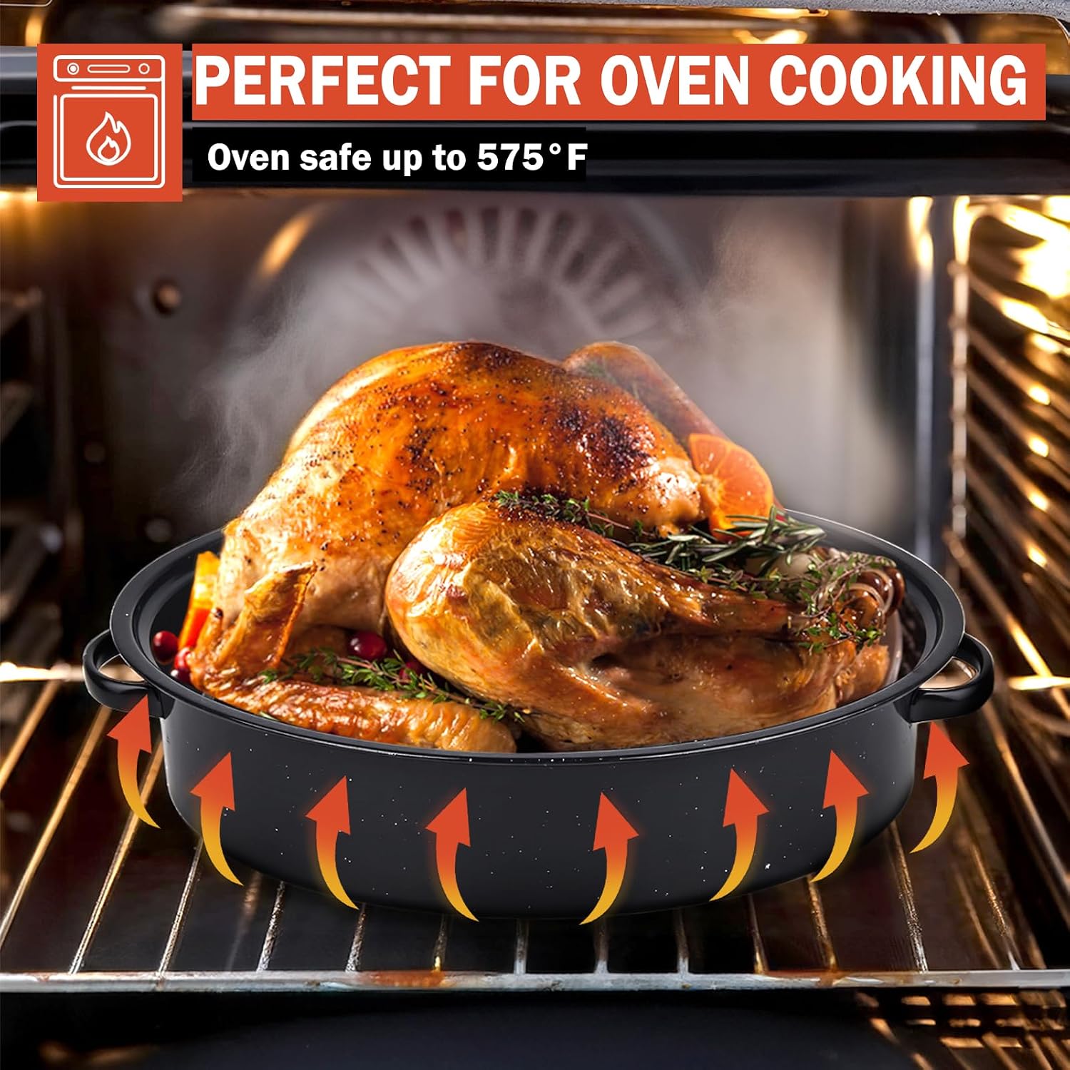 18In Turkey Roasting Pan with Rack and Lid, Roaster Pan with Nonstick Rack