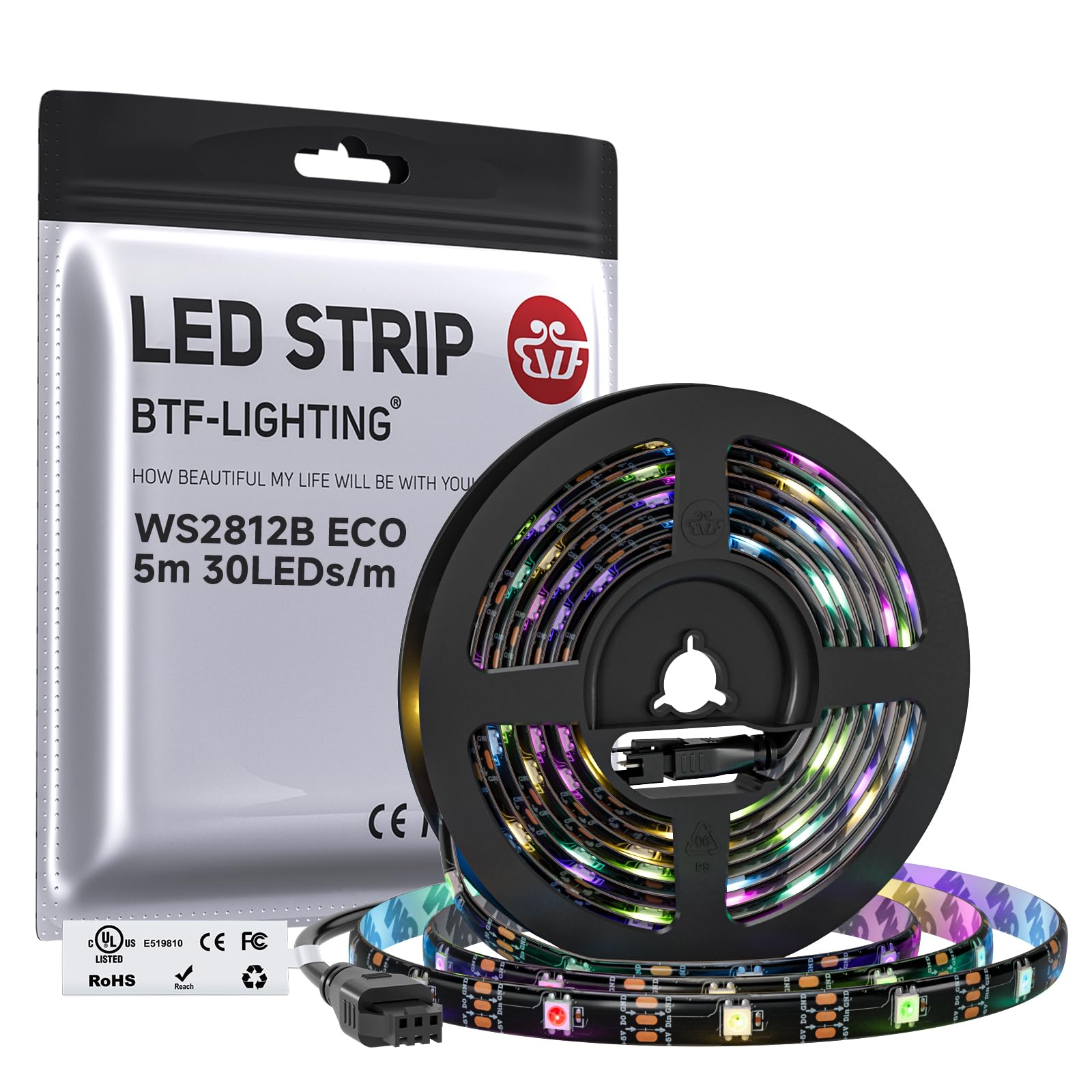 BTF-LIGHTING WS2812B IC RGB LED Strip,UL Listed,DC5V 16.4FT 150LED IP65