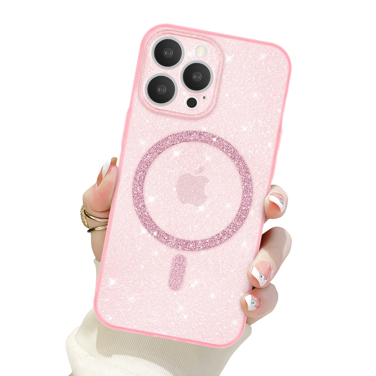 Custodia IPhone 13 Con Magneti E Protezione Fotocamera – Morbida TPU Glitter, Compatibile MagSafe, Ricarica Wireless, Bianco/Oro