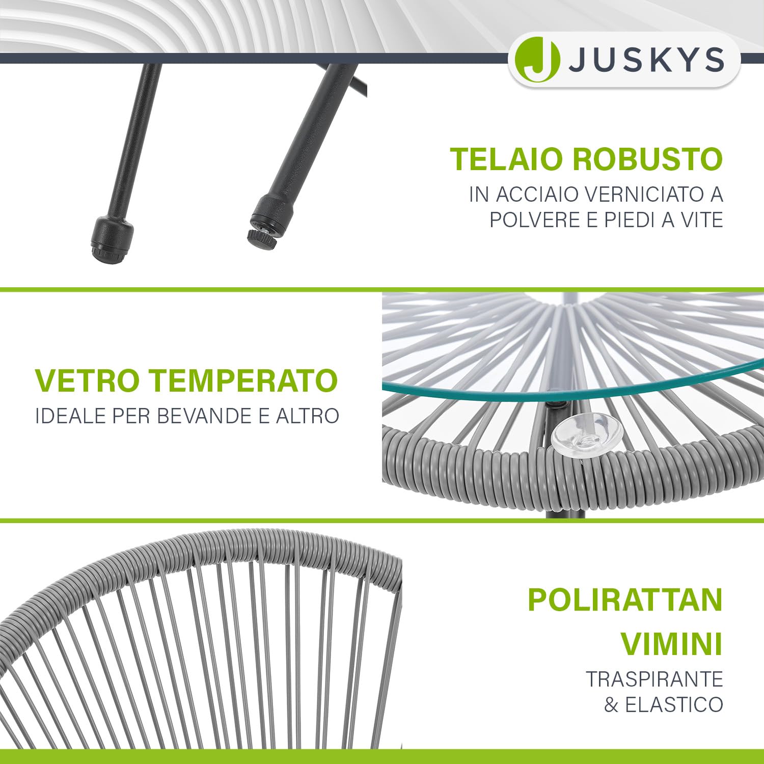 Juskys Set di mobili da balcone Ostana 3 pezzi - Tavolo e 2 poltrone - Elegante gruppo di seduta per balcone, terrazza e giardino - Set di mobili da giardino per balcone Grigio chiaro