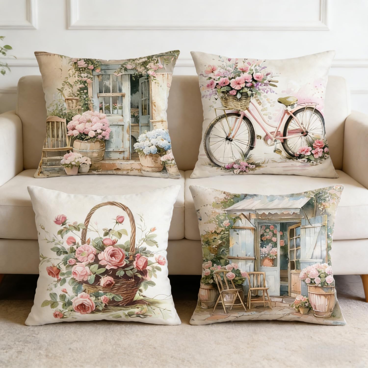 PVOODIRE Rote Kissenbezüge 40x40 4er Set - Leinen Blumenmuster, Sofakissen Bezug Wohnzimmer