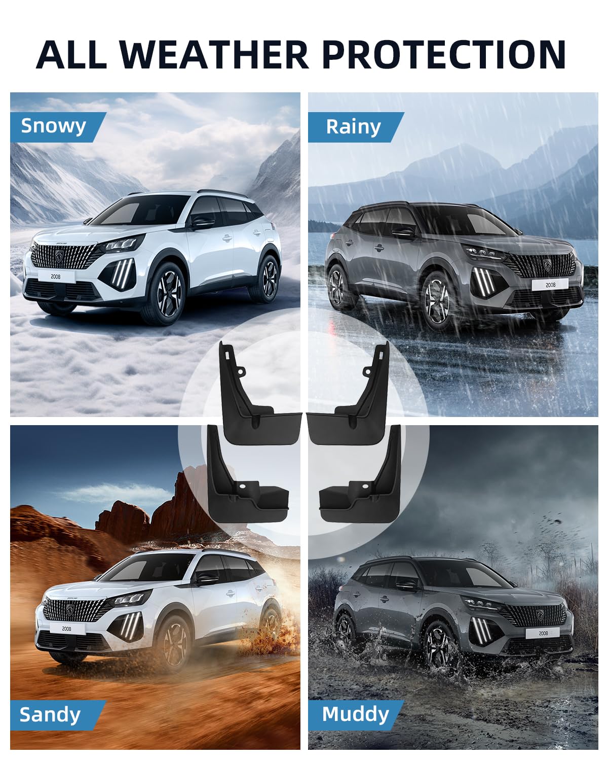 Guardabarros para Peugeot 2008 e-2008 2020-2025 2026, Faldillas Antibarro Delantero y Trasero con Tornillos de Montaje, Accesorios Protectores contra Salpicaduras [4 Piezas]