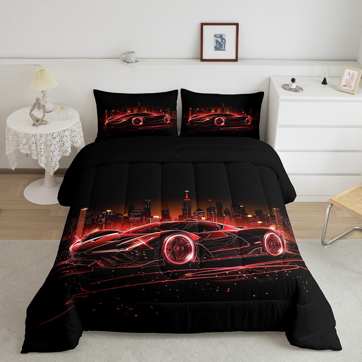 Feelyou Kids Red Race Car Comforter Set Twin Size, Speed Sports Car Comforter Boys Girls Racing Car Bedding Set Extreme Sports Teens Duvet Set Bedroom