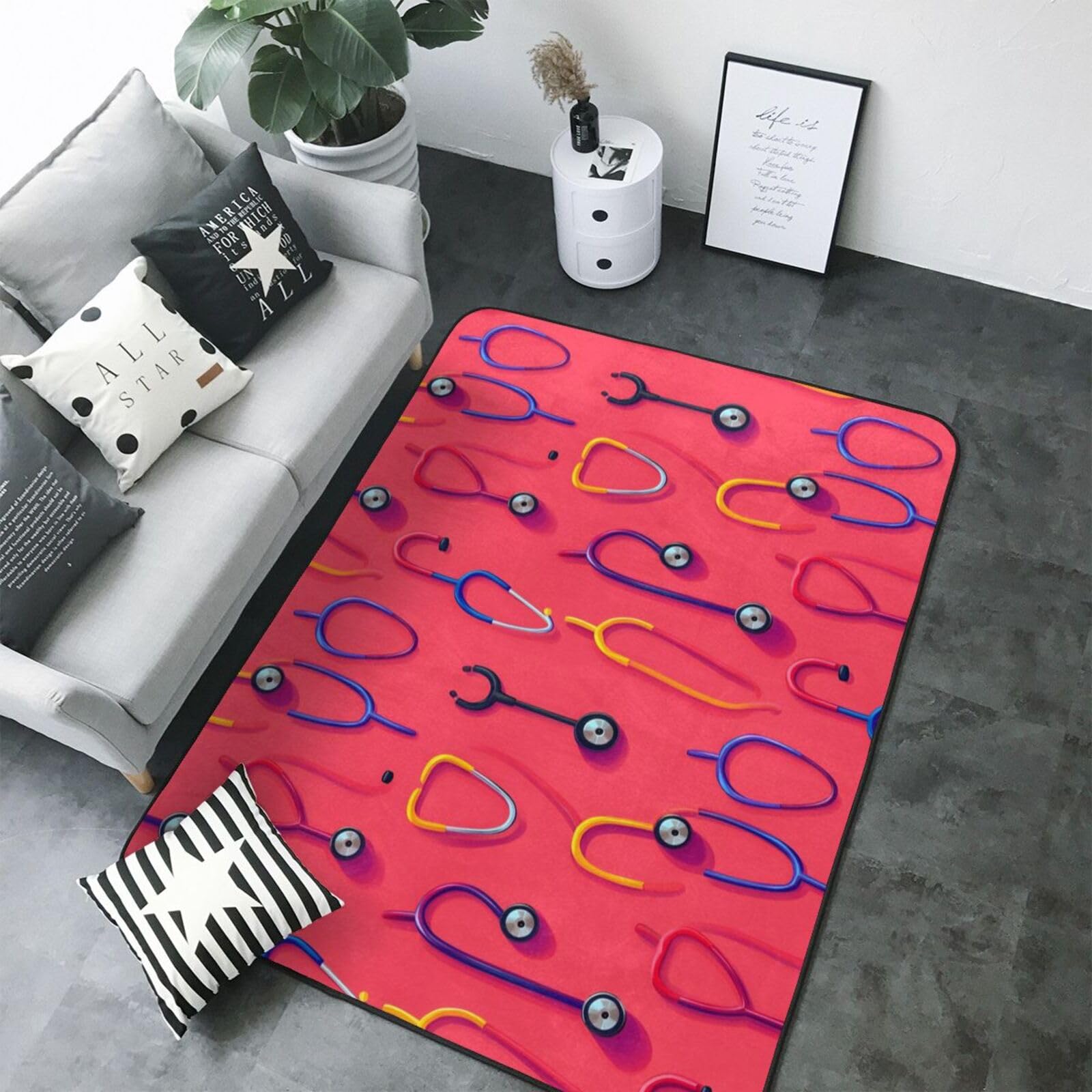 Grand tapis salon 203x147 cm imprimé stéthoscope coloré doux lavable