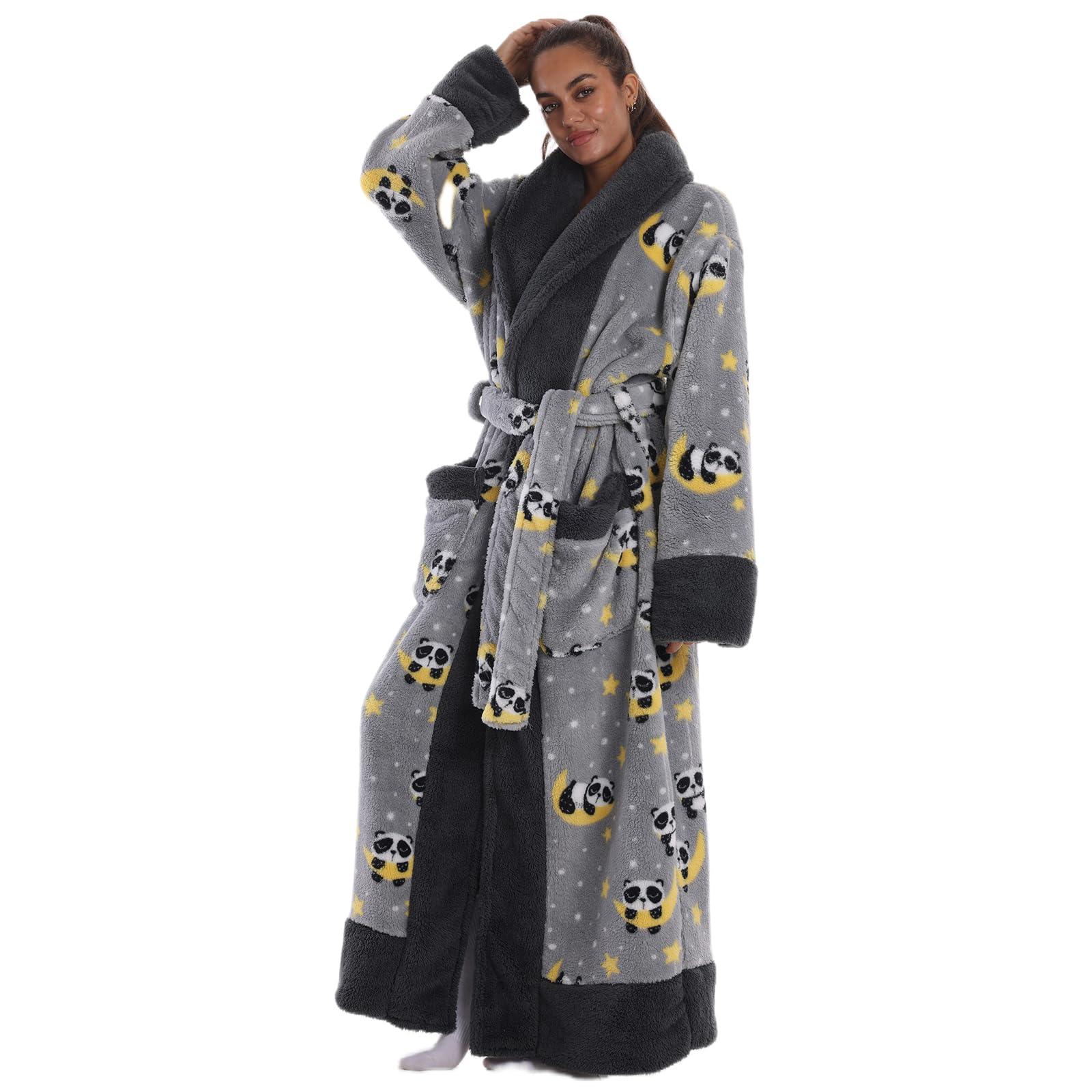 Peignoir de Bain Long en Flanelle Épaisse et Douce 140 cm sans Capuche - Robe de Chambre Chaud avec Poche et Ceinture - Taille Unique pour Femme, Homme - Cadeau Maison Spa