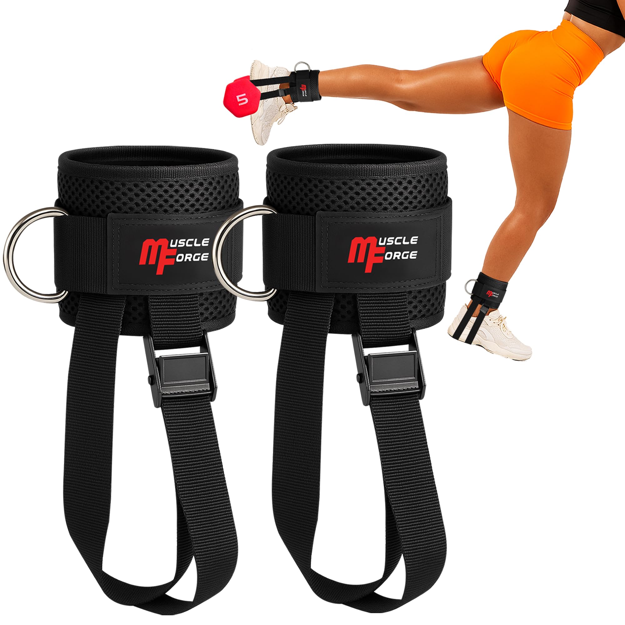 MuscleForge Dumbbell Foot Strap with Metal Buckles & Ankle Weight System – Ankle Cuffs for Gym, Leg Straps for Foot Weights & Tibialis Trainer for Hamstring Curls, Leg Extensions, and Home Workouts x2