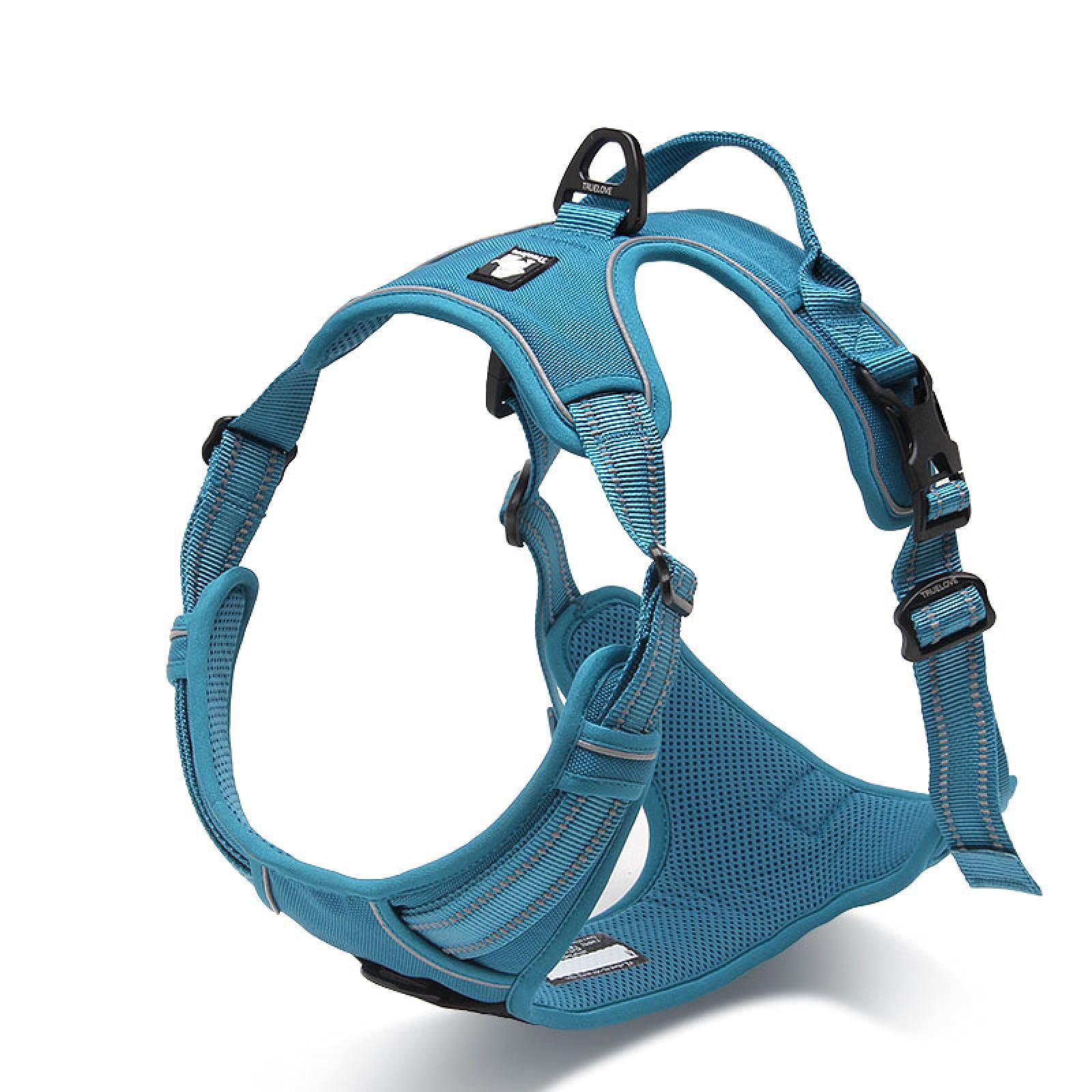 Reflectante nylon grande mascota perro arnés todo clima servicio perro en forma de V acolchado ajustable cuero plomo mascota XL81-107cm pecho azul para coche de seguridad