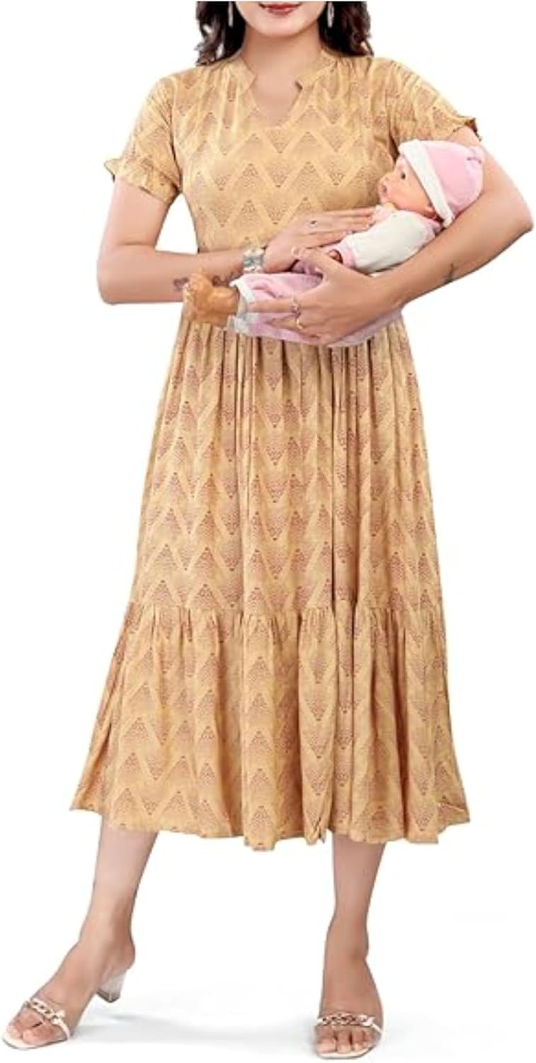 Women's Flared Anarkali Maternity Dress, Feeding Kurti with Concealed Zip for Pre & Post Pregnancy
