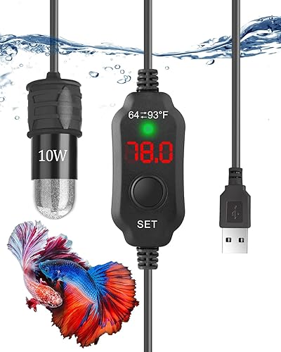 Miniatura 1 de Calentador de acuario sumergible ajustable de 5 V2 A, alimentado por USB, 10 W, calentador de tortuga con termostato de pantalla LED, para tanques