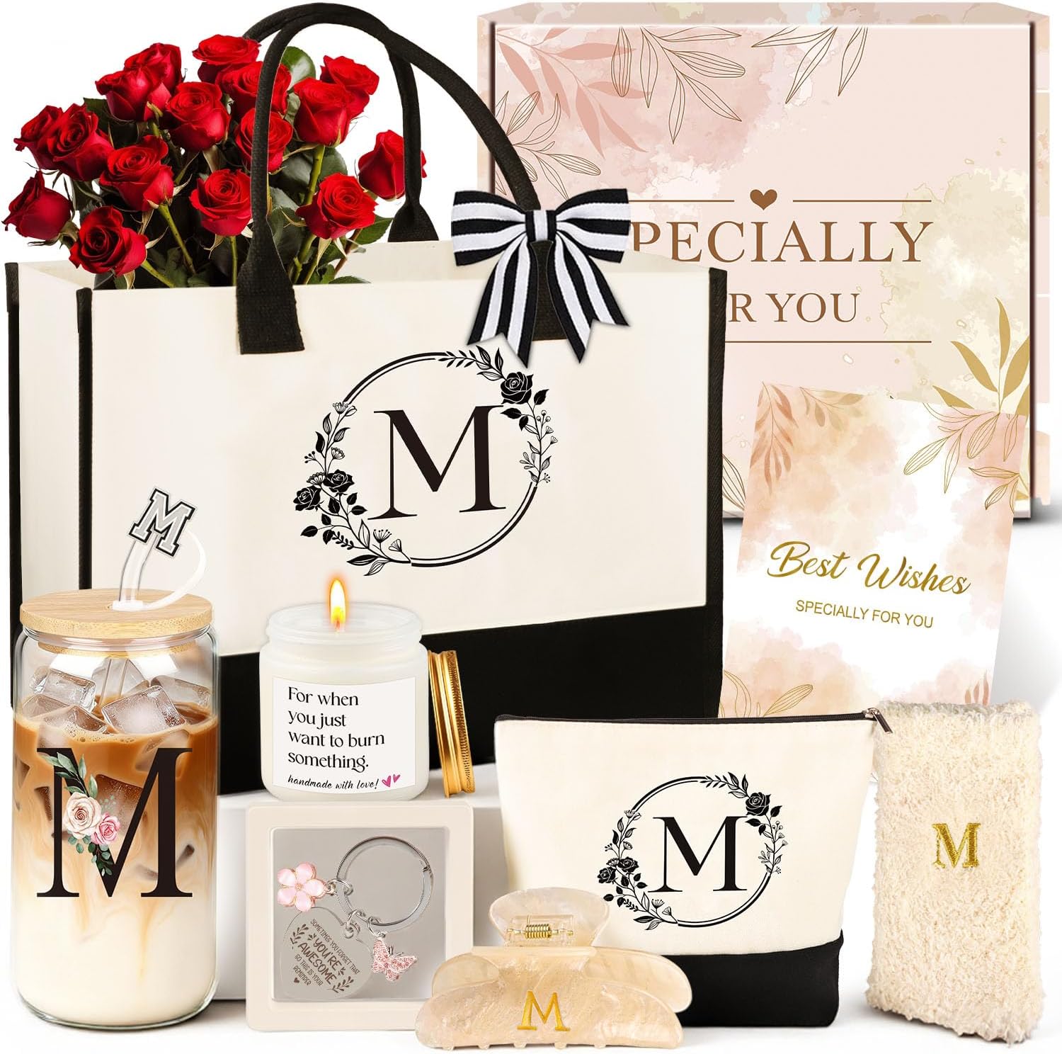 Personalized 10-Piece Initial Gift Set for Women - Monogrammed Canvas Tote Bag, Makeup Pouch, Glass Cup, Candle, Hair Clip - Birthday Gifts for Mom Wife Friend