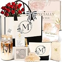 Personalized 10-Piece Initial Gift Set for Women - Monogrammed Canvas Tote Bag, Makeup Pouch, Glass Cup, Candle, Hair Clip - Birthday Gifts for Mom Wife Friend