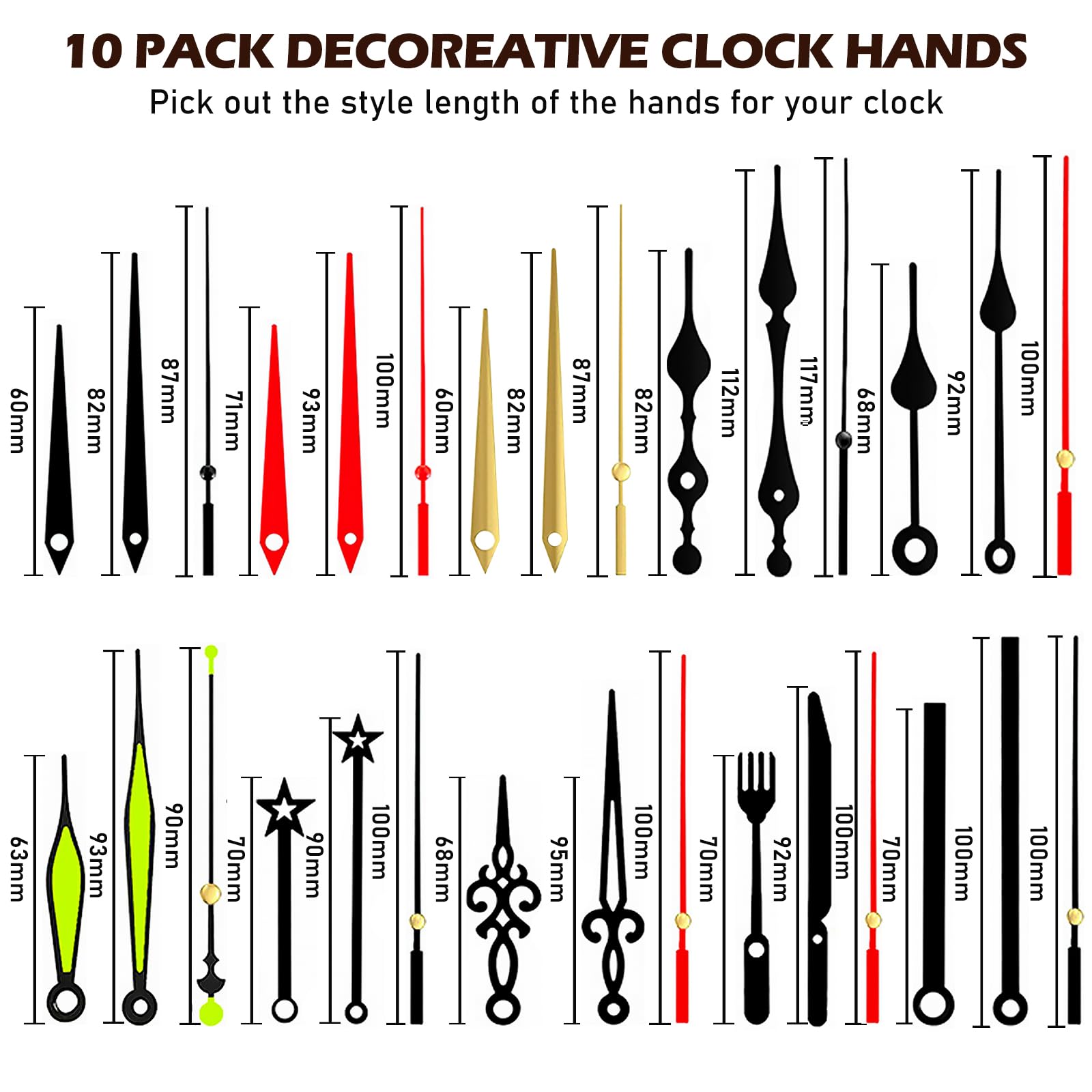 Vegena 6 pezzi di movimento per orologio da parete, set di movimento silenzioso, movimento con lancette, coppia alta, movimento a onda lunga, meccanismo di movimento al quarzo, con 10 set di lancette