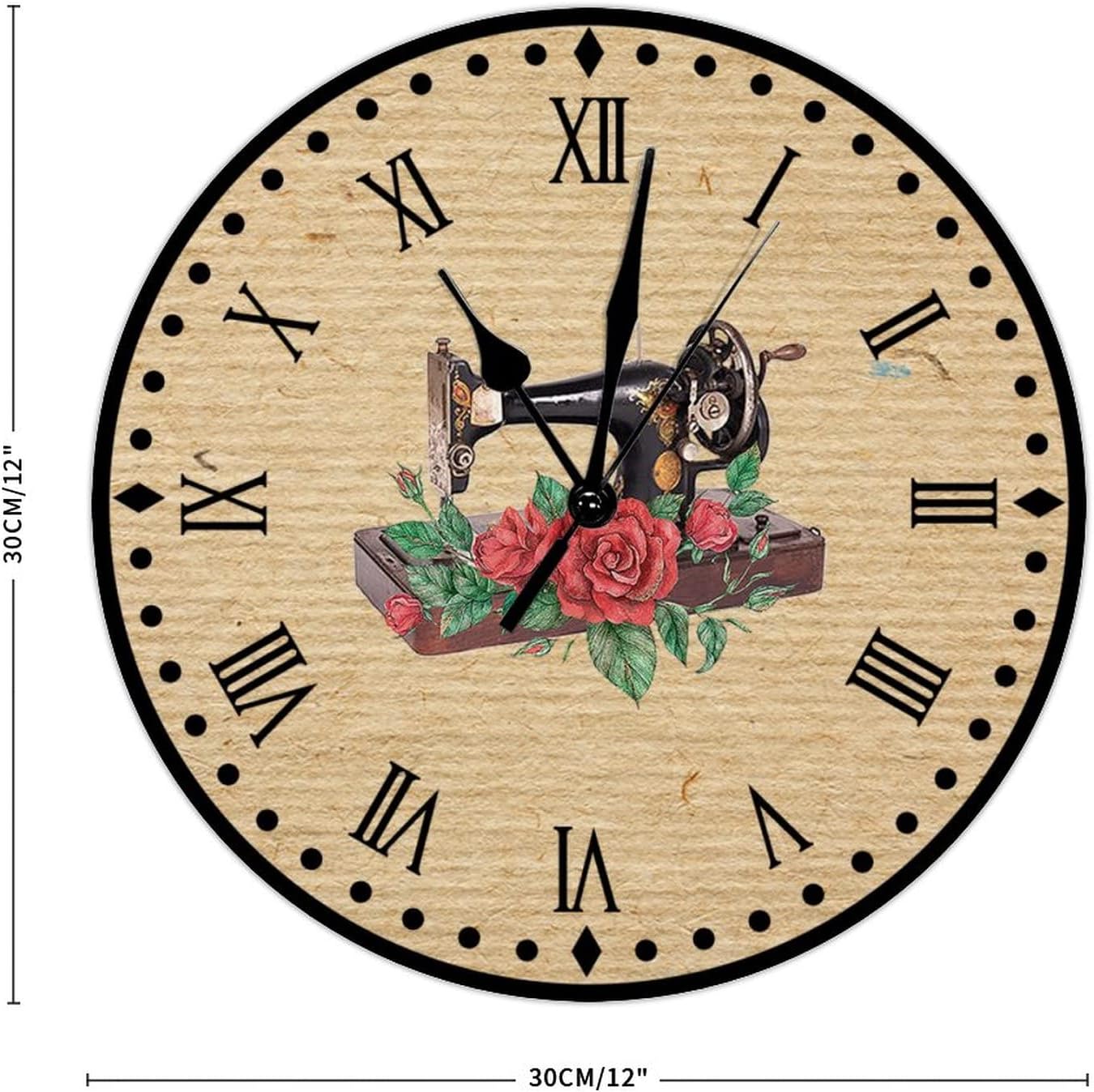 Rose Flower Sewing Machine Clock Battery Operated Quartz Silent Clocks Home Decor Sewing Room Wall Clocks Craft Room Decor Clocks Country Tuscan Style 12inch Round Clock for Dinning Living Room