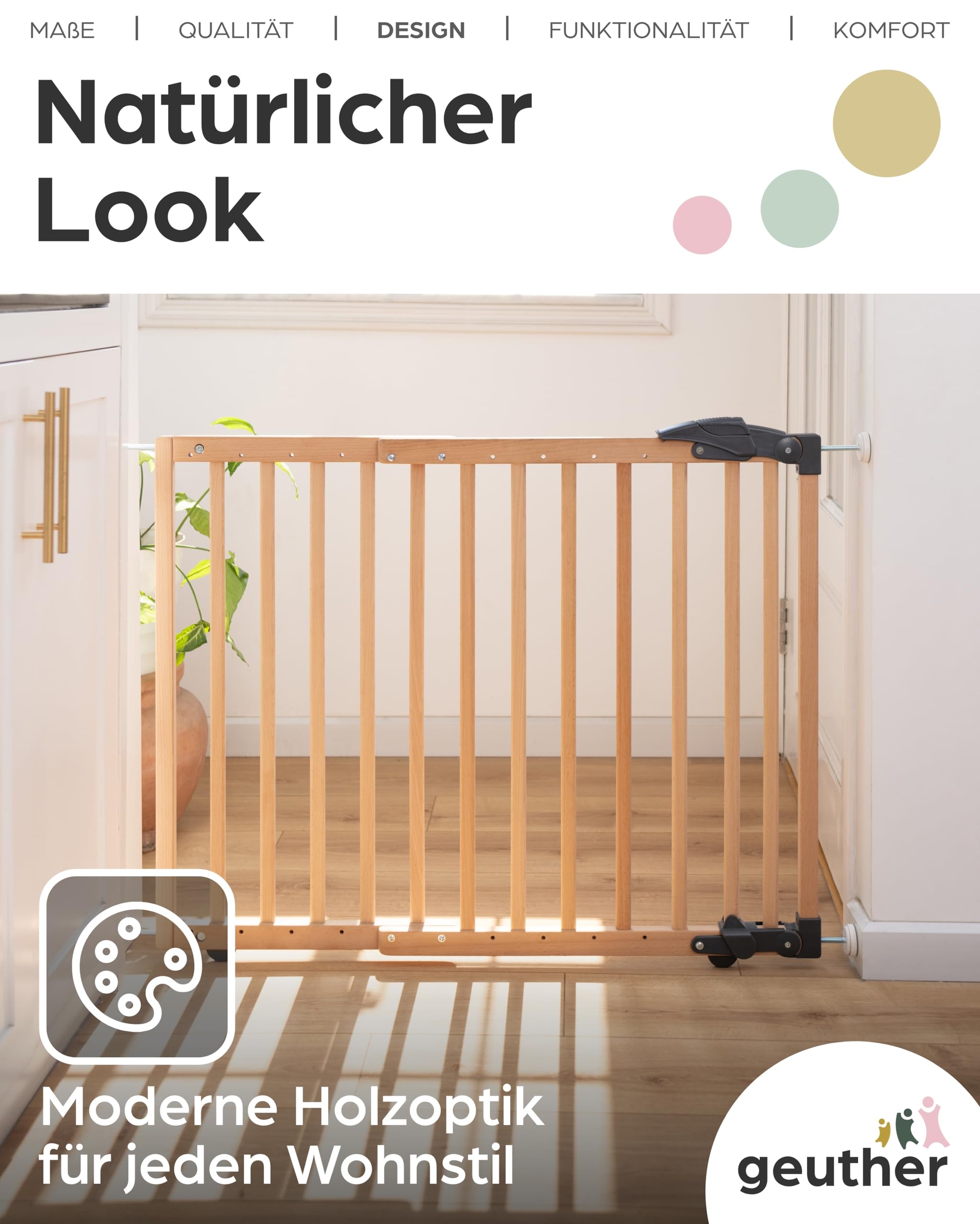 Geuther Treppenschutzgitter ohne Bohren, 68‑102 cm | Flexibles & klemmbares Kinderschutzgitter I Türgitter Baby aus Holz, massiv I Türschutzgitter ohne Bohren mit Sicherheitsverschluss I Farbe Weiß