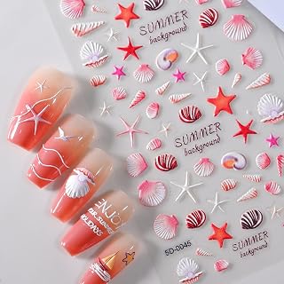5D Embossed Starfish Seashell Nail Art Stickers Decals 4 Sheets Self Adhesive Marine Life Nail Decals Spring Summer Nail Art Supplies Ocean Theme Nail Adhesive Sliders for Women DIY Nail Salons