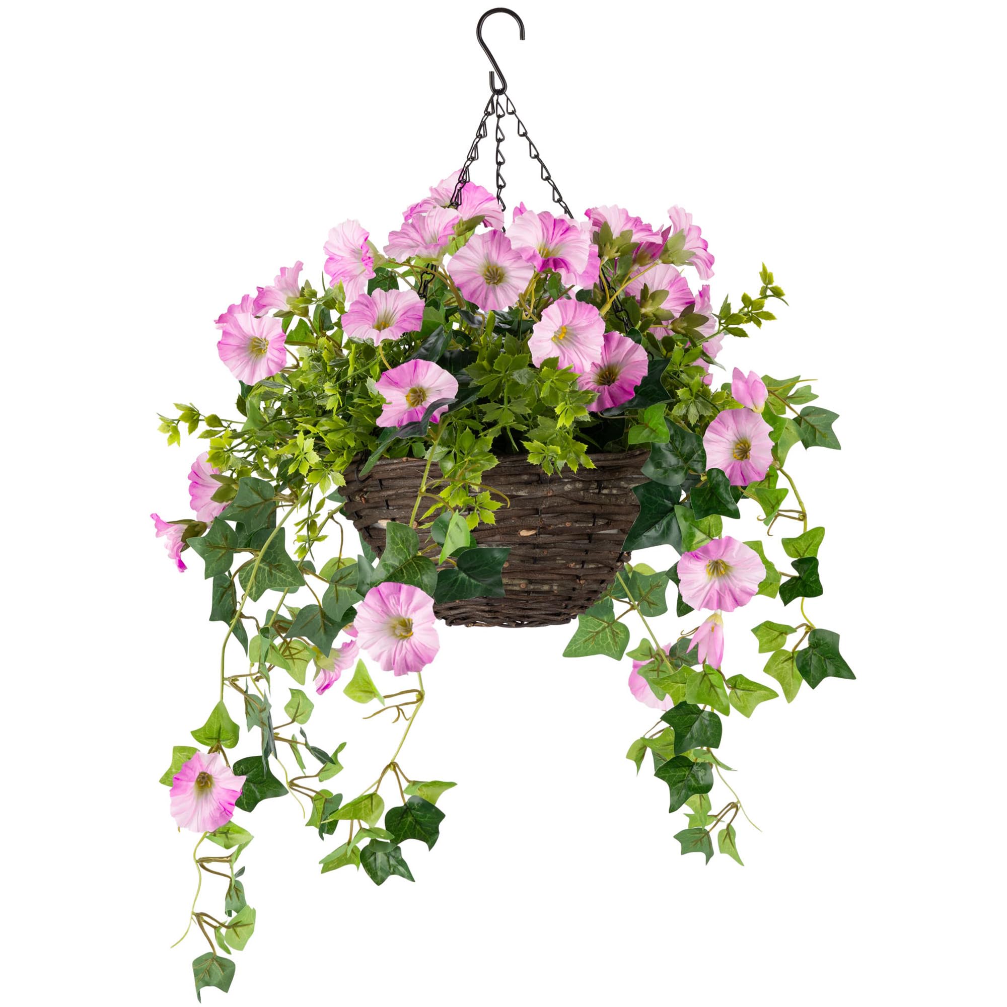 Christow Pink Artificial Petunia Hanging Basket – Ready To Hang Wicker Garden Planter With Flowers, Gypsophila & Ivy, Uv-Resistant Pe Leaves, Pre-Fitted Triple Steel Chain, 25Cm Basket Diameter