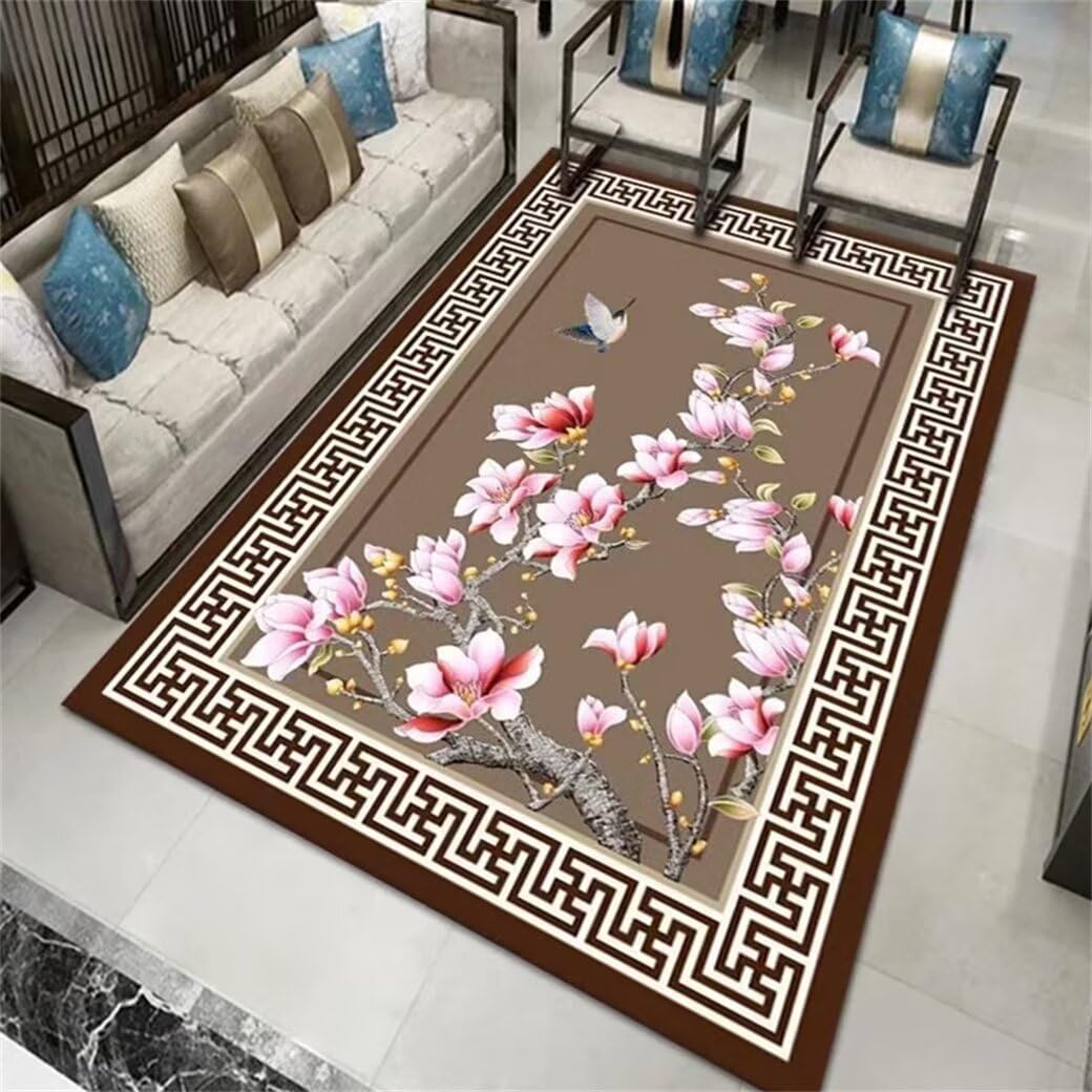 Tapis de salon rose 200x200cm floral : la solution déco grand format pas chère
