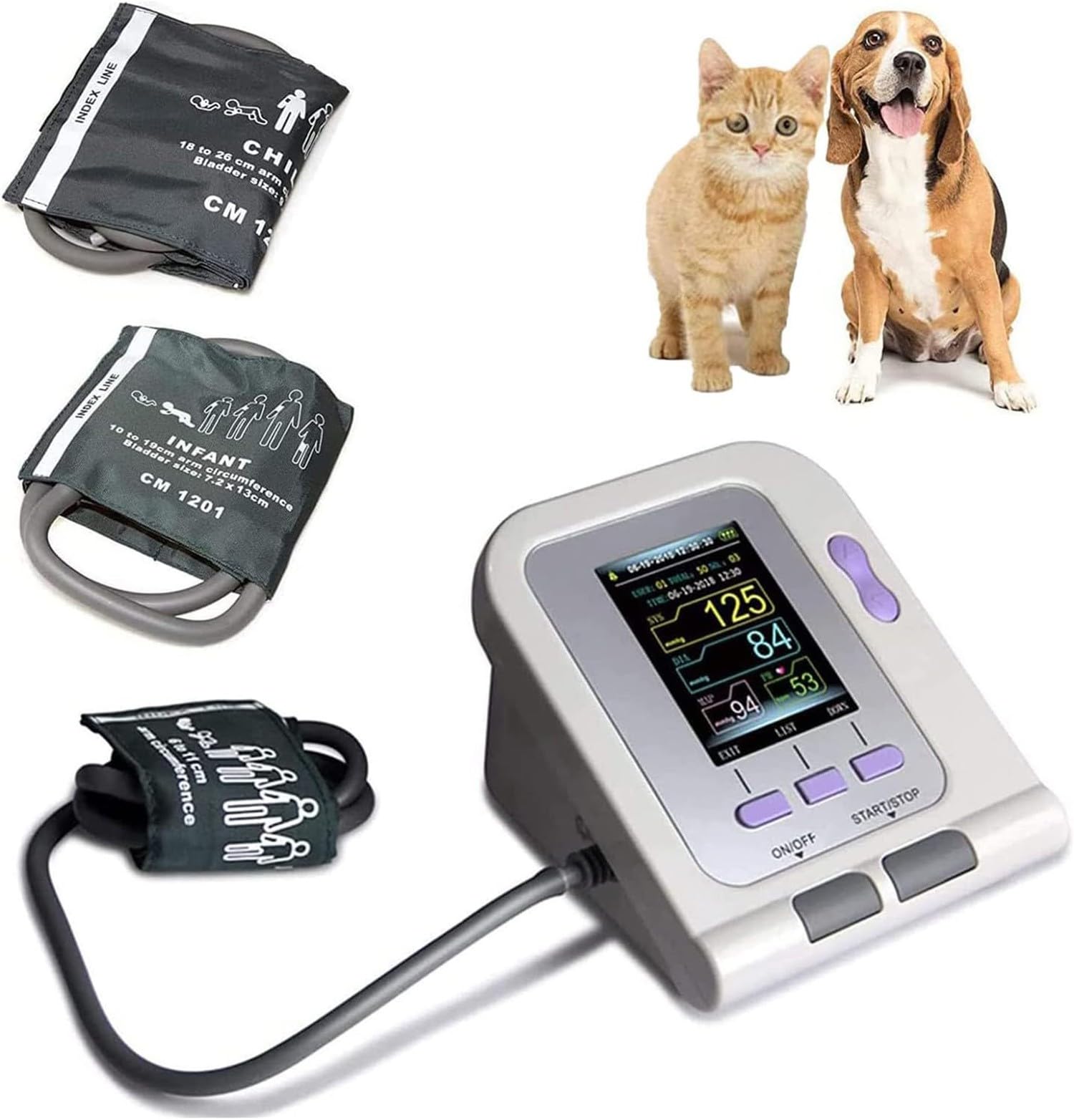 Electrónico Veterinario Medidor, Monitor De Presión Arterial Veterinaria Digital, Kit De Presión Arterial con 3 Puños,Pantalla LCD De 2.8 Pulgadas para Cuidado De Animales para Perros Gatos