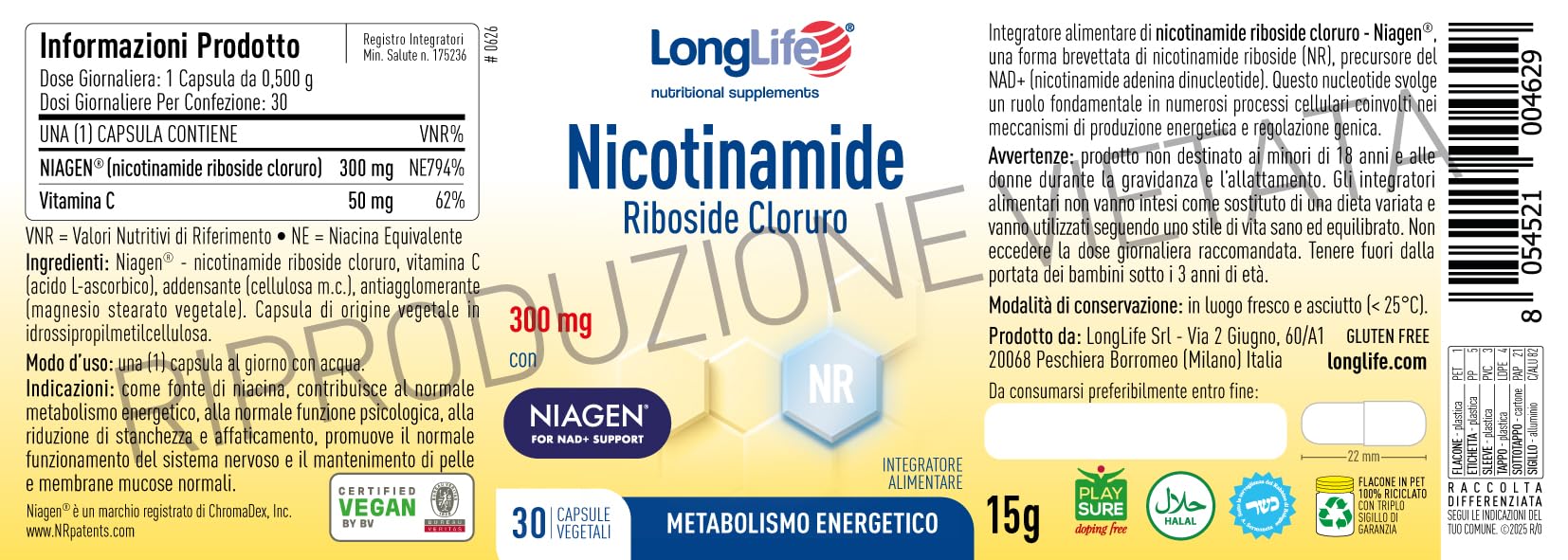 LongLife® Nicotinamide Riboside Cloruro | 300mg Niagen® | Precursore NAD+ | Con vitamina C | 1 mese di trattamento | Vegano e senza glutine
