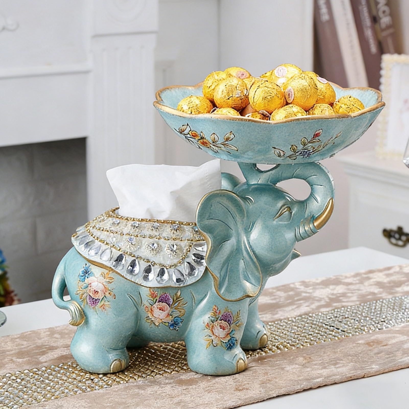 Pojemnik Na Chusteczki W Kształcie Słonia, Wielofunkcyjna Dekoracyjna Osłona Na Chusteczki 2 W 1 Z Tacą Na Owoce, Dekoracyjny Pojemnik Na Przekąski Z Żywicy W Stylu Vintage(Green)