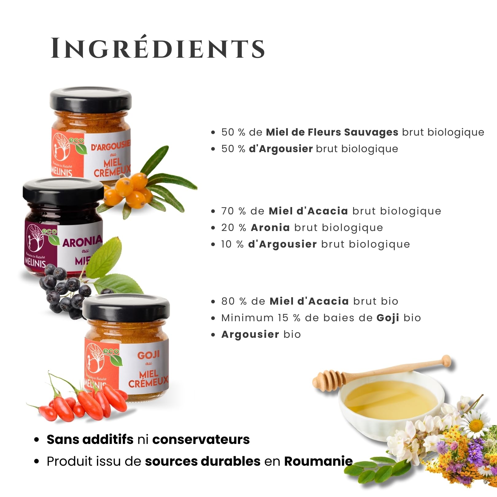 Coffret Dégustation “Explosion de Vitamines” 3 × 40 g – Miel Bio Tartinable à l’Argousier, à l’Aronia et au Goji – Sans Sucre Ajouté – Pour Petit-Déjeuner, Snacks et Cadeaux Gourmands – Melinis