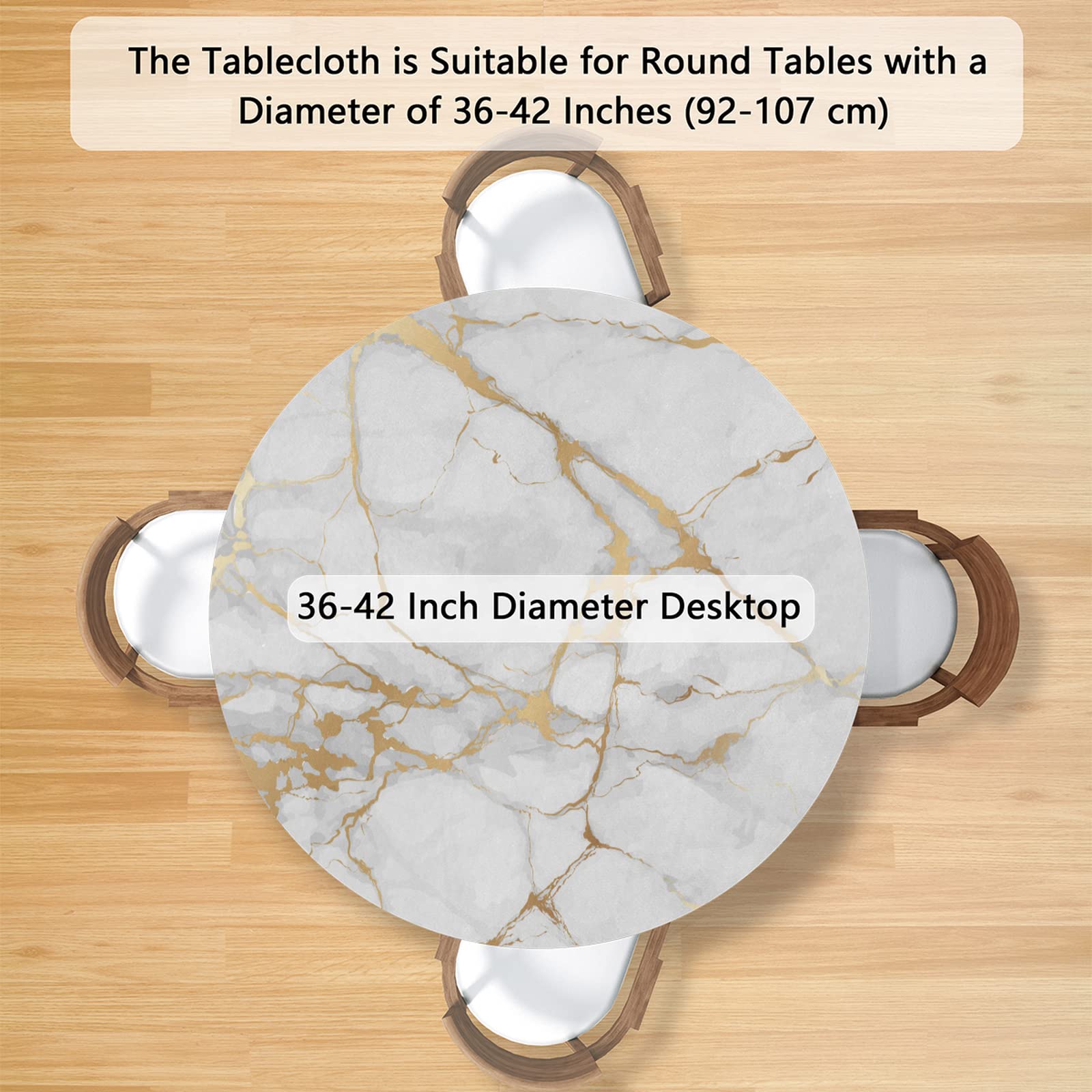 AUUXVA Marble Round Tablecloth with Elastic Edge,White Gold Marble Fitted Table Cloth Waterproof Wipeable Round Table Cover for Dining Kitchen Party Indoor Outdoor Patio Table 36