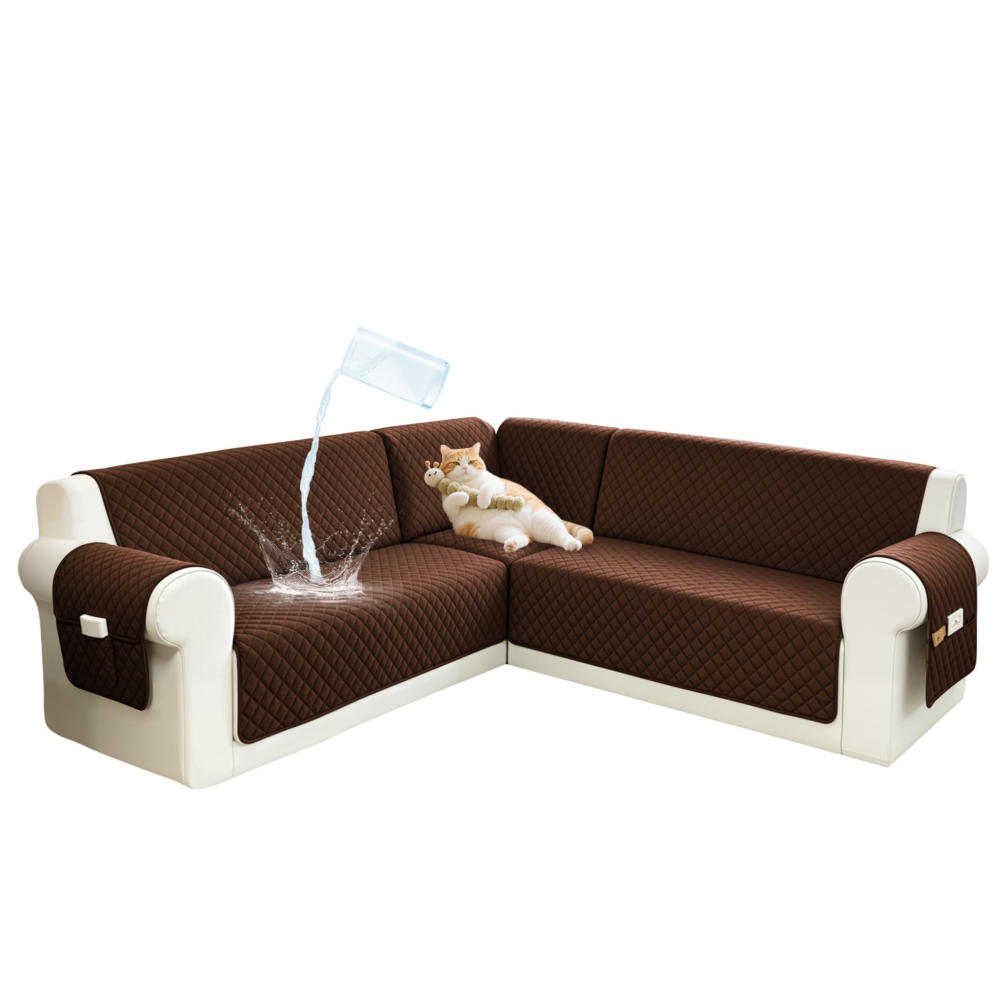 Photo 1 of SYJOVIA Sectional Couch Covers for Dogs 100% Waterproof Corner L Shaped Sofa Cover Pet Friendly Velvet Washable Anti Slip L Shape Modular Sofa Slipcover Protector with Pockets (Dark Coffee, XX-Large)