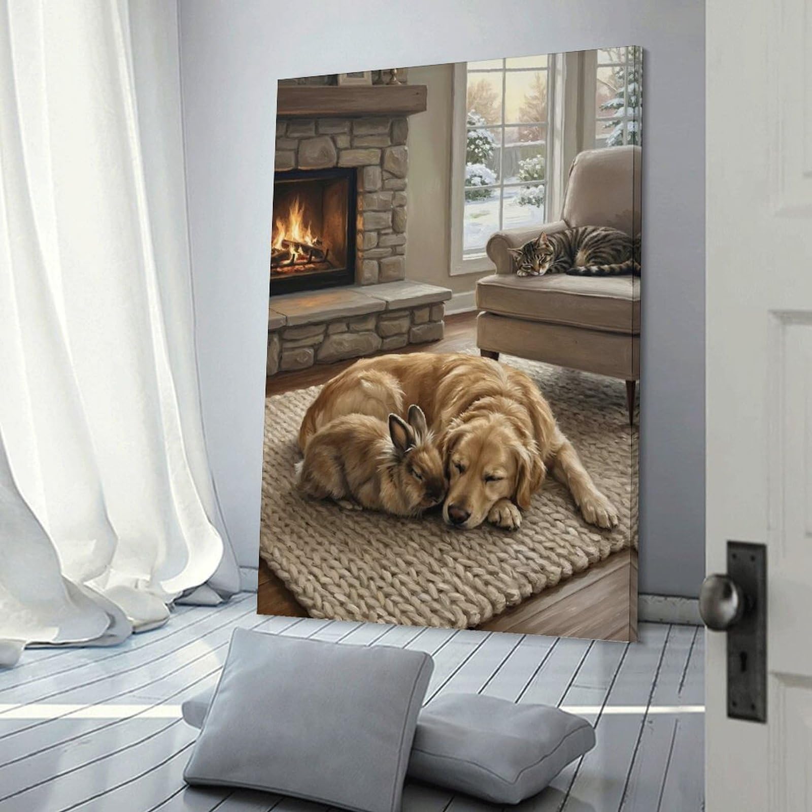 Junmoney Decorative Canvas Print Cozy Animals by Fireplace, 12x18inch(30x45cm), for New Homes, Bedrooms Or Workspaces, Thoughtful Wall Decor for Art Lovers