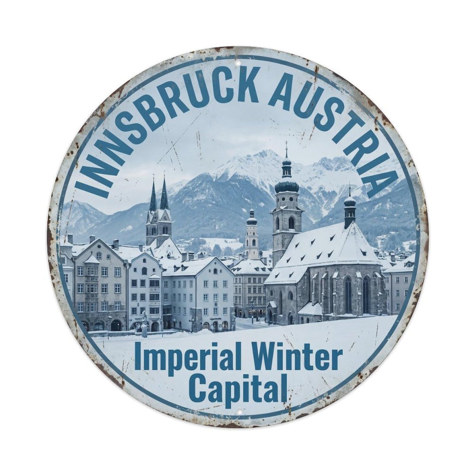 Vintage Travel Innsbruck Austria Snowy Metal Tin Sign Plaque Wall Decor for Cafe, Club, Garden Round Metal Poster 8x8Inch