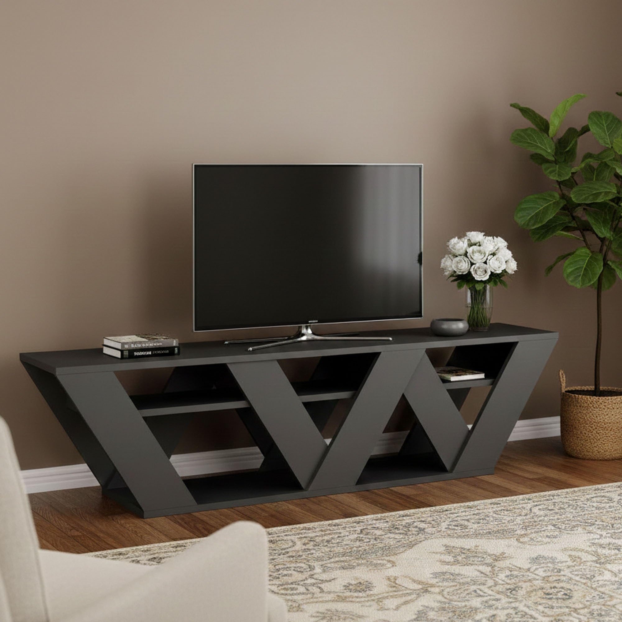 Dmora Alde, Wohnzimmermöbel, niedriger Schrank für TV, Wandbasis, 158 x 30 x 40 cm, Anthrazit