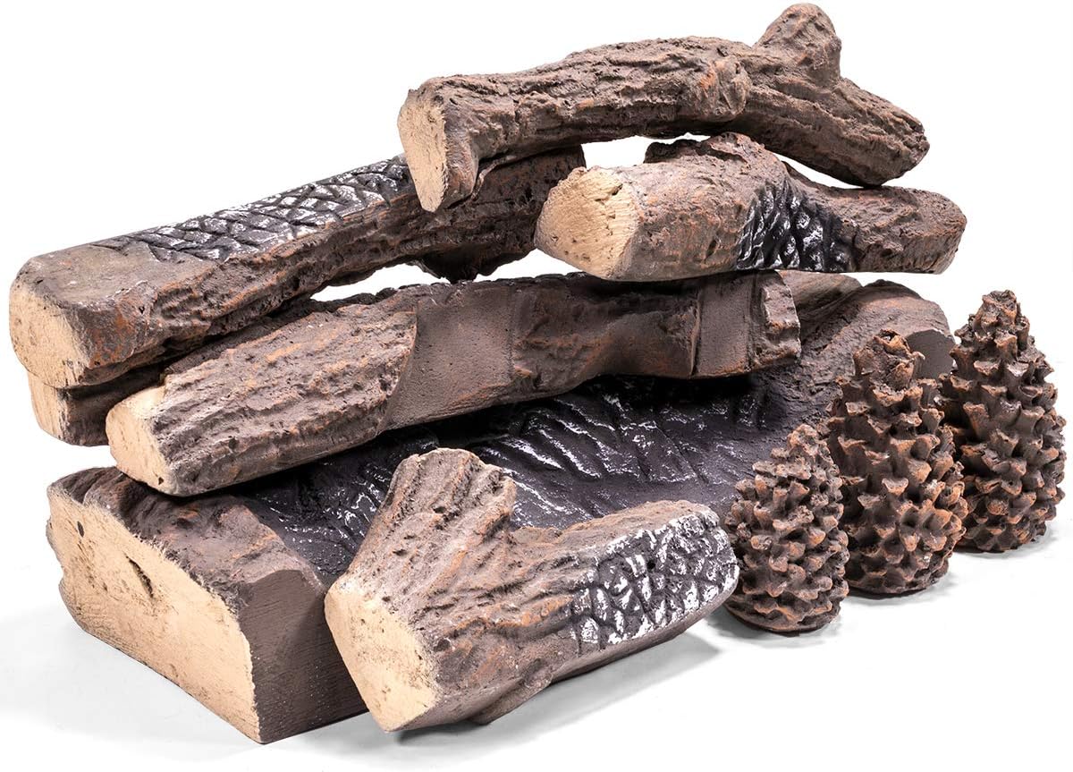 Barton 9-Pieces Ceramic Realistic Wood Log Set Pine Wood Style Stackable Gas Heat Resistant Fireplace Fire Wood Fake Outdoor/Indoor (9 PCS)