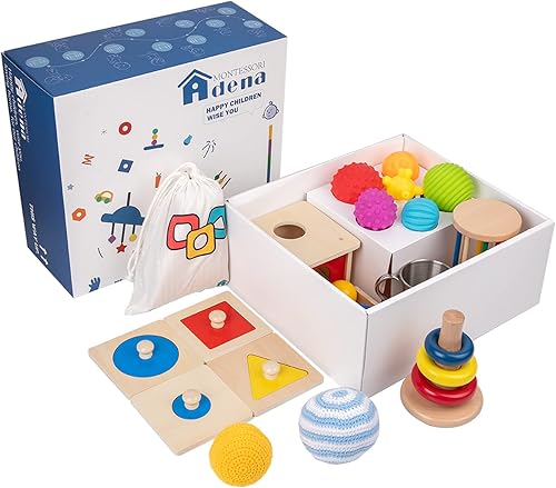 Miniatura 10 de Montessori Toys Kit de juego para bebés de 3 a 9 meses incluye rompecabezas de espejo, tambor giratorio, bola de tela, Roly-Poly, discos de madera
