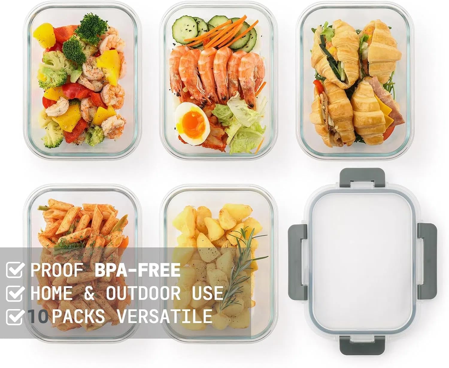 Cuiselect Paquete de 10 recipientes de vidrio de 22 onzas con tapas, recipientes de vidrio reutilizables para almacenamiento de alimentos con tapas, a prueba de fugas, aptos para microondas, horno,