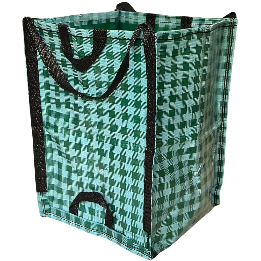 DURASACK Heavy Duty Home and Yard Bags 48-Gallon Reusable Self-Standing Lawn and Leaf Bags Garbage Can with Reinforced Handles, Gingham Green, 3 Pack