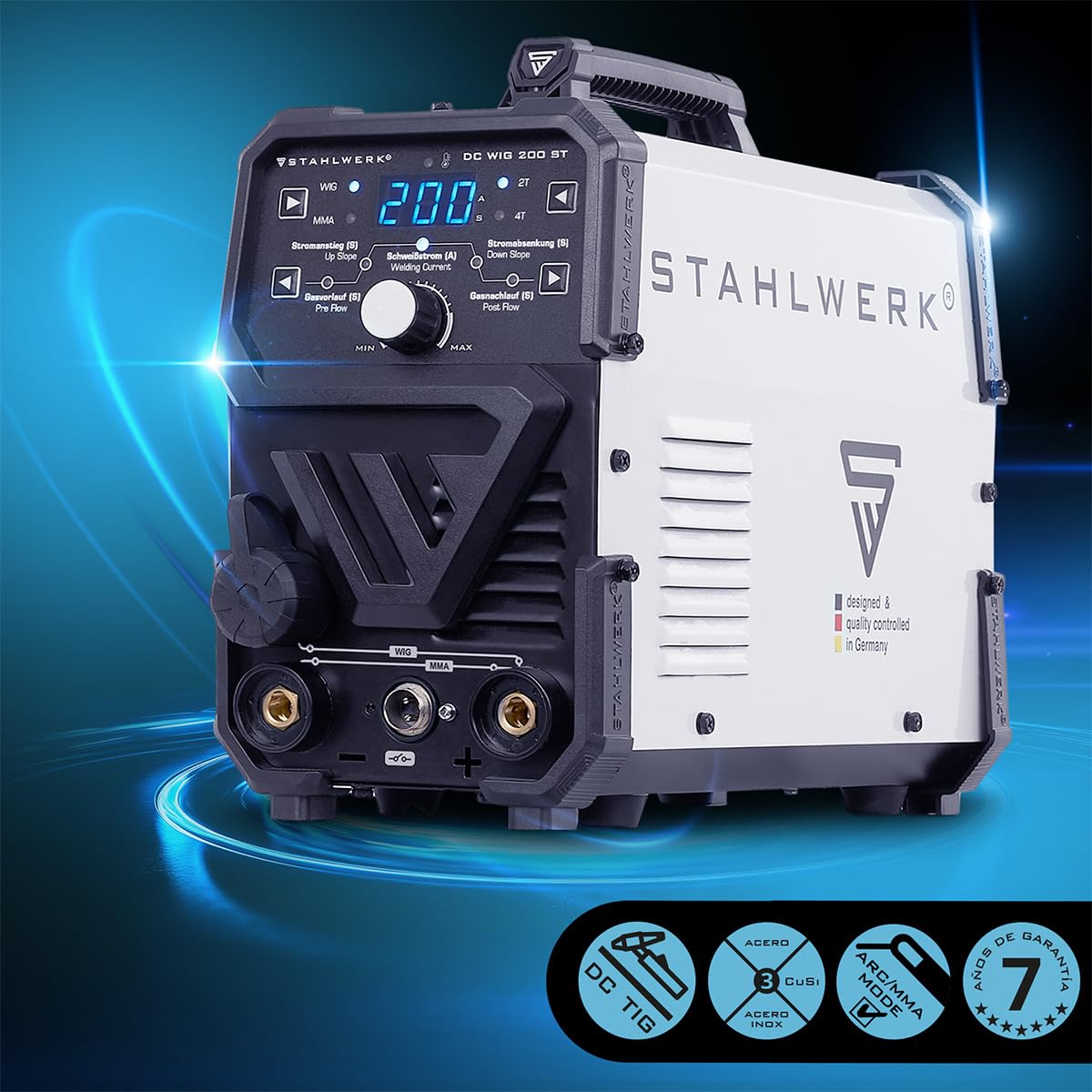 STAHLWERK Soldadora de electrodos ARC 200 Puls Pro – Equipo completo – Máquina de soldar sin gas protector, MMA/Electrodo, Inverter Lift-TIG 200 A, Hotstart, Arc Force, Antistick, función de pulso