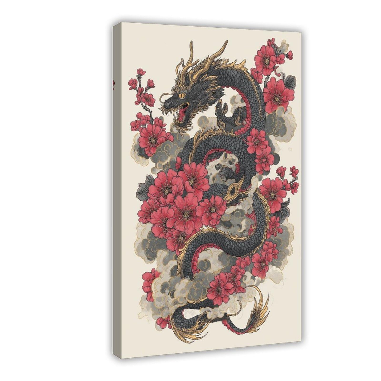 Mrycq Frame-Style Cherry Blossom Dragon Poster Canvas Poster For Office Decor Gift