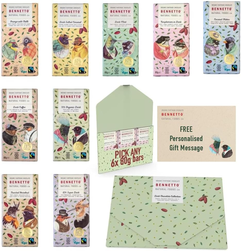 Organic Fairtrade Dark Chocolate by Bennetto Natural Foods. 6 pack of full size 80g bar. Packed in a gift box. Vegan, Gluten-Free (Create your own)