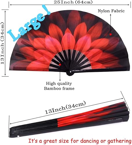 Miniatura 2 de Amajiji Ventilador de mano plegable grande, accesorios para festivales rave para mujeres y hombres, ventilador de mano chinojaponés, ventilador de