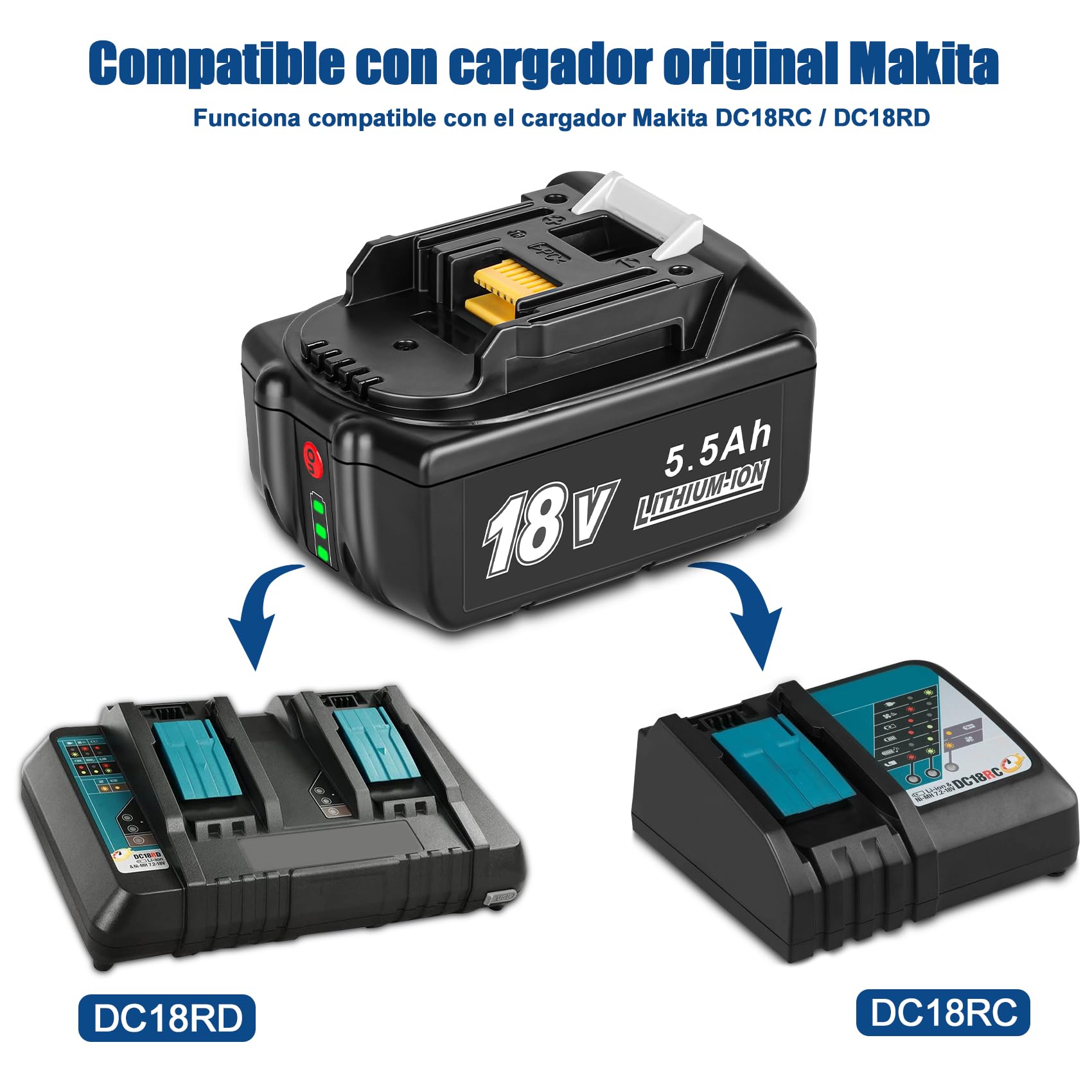 KUNLUN 2 Piezas 18V 5.5Ah Batería de Repuesto Compatible para Makita 18V Baterías Litio BL1850 BL1830 BL1840 BL1860 BL1815 BL1820 LXT-400 Herramientas Inalámbricas | Batería de ion de litio compatible con Makita 18 V LXT BL1830 BL1860 BL1840 BL1815 BL1855