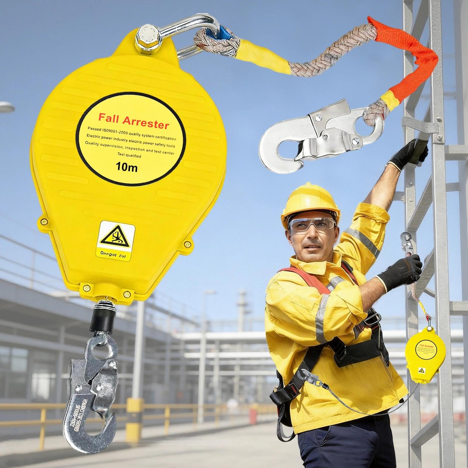 Dispositivo Anticaduta Retrattile 3-20M, Imbracatura Sicurezza Anticaduta Lavori in Quota, Richiamo Automatico e Gancio Autobloccante per Edilizia Tetto Elettrica(Giallo,10m)