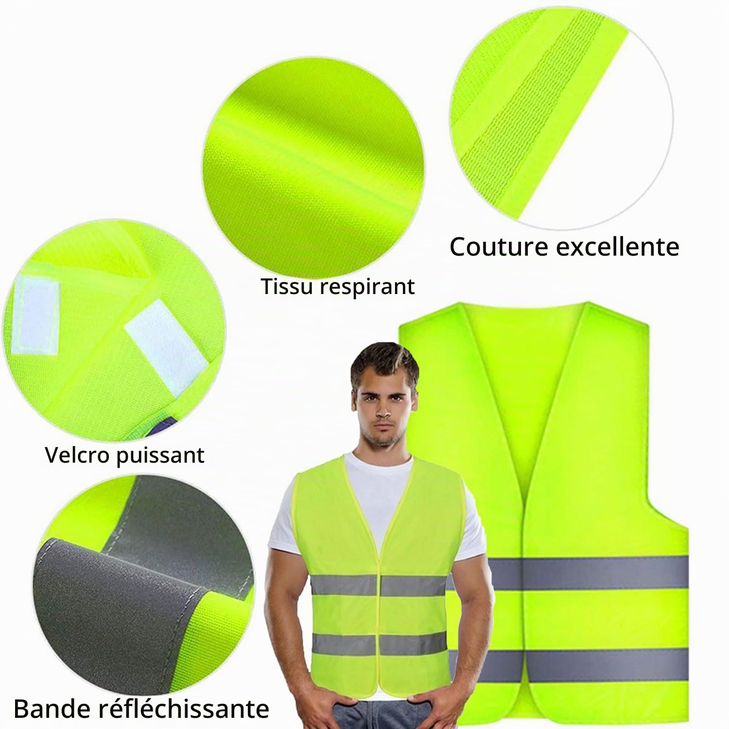 Gilet de Sécurité,10 PCS Jaune Gilet de Sécurité Réfléchissant, Gilet Haute Visibilité Fluo Reflechissant Homme Femme,Taille Universelle, Réfléchissant à 360°,pour Conducteurs Travailleurs Unisexe
