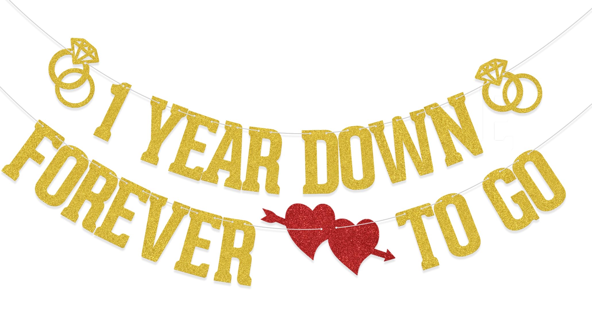 KEWUFD 1 Year Down Forever to Go Banner, Happy 1st Anniversary Party Decor Sign, Funny 1st Wedding Anniversary Party Decorations Supplies Gold Glitter