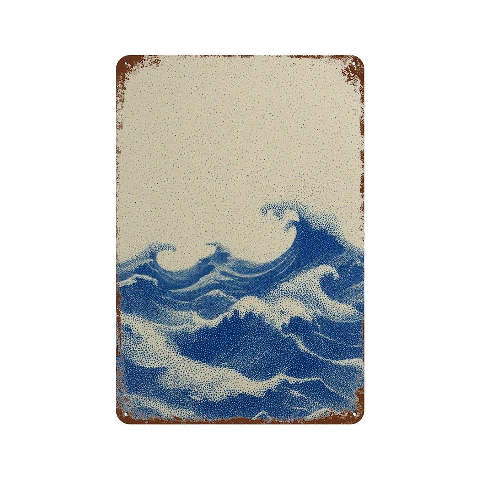 xiaoxiaoshen Blue Ocean Waves Dotwork Japanese Style Seascape Minimalist Wave Modern Zen Coas Wall Decor Art Metal Tin Poster Modern Home Decor Art Home Bar Shop Decorations Vintage Sign 30x20cm