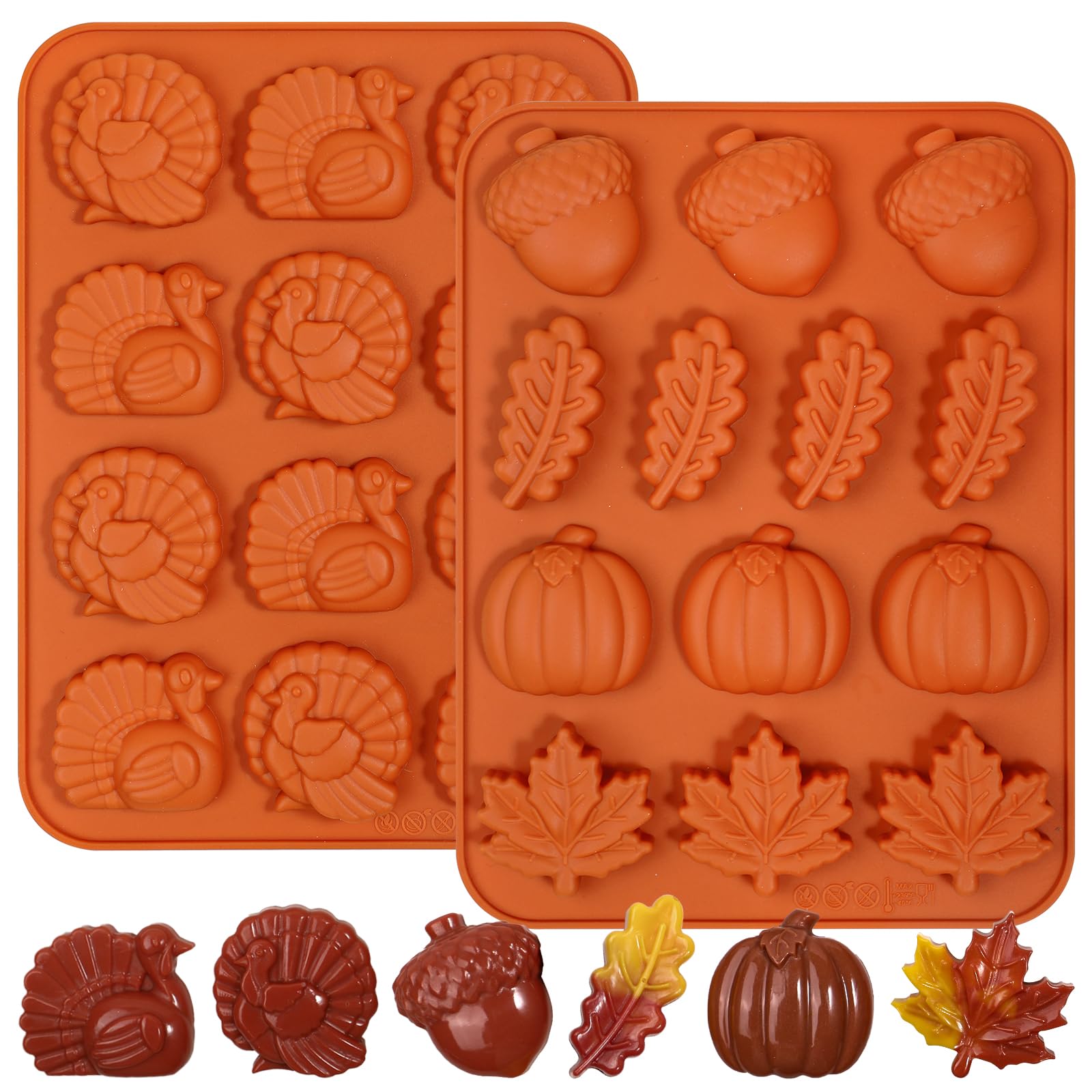 Webake Thanksgiving Platinum Silicone Molds, 2 Pack Trukey Pumpkin Molds for Butter, Candy, Chocolate, Cupcake Decorations, Plaster Crafts &amp; Fall Harvest Baking