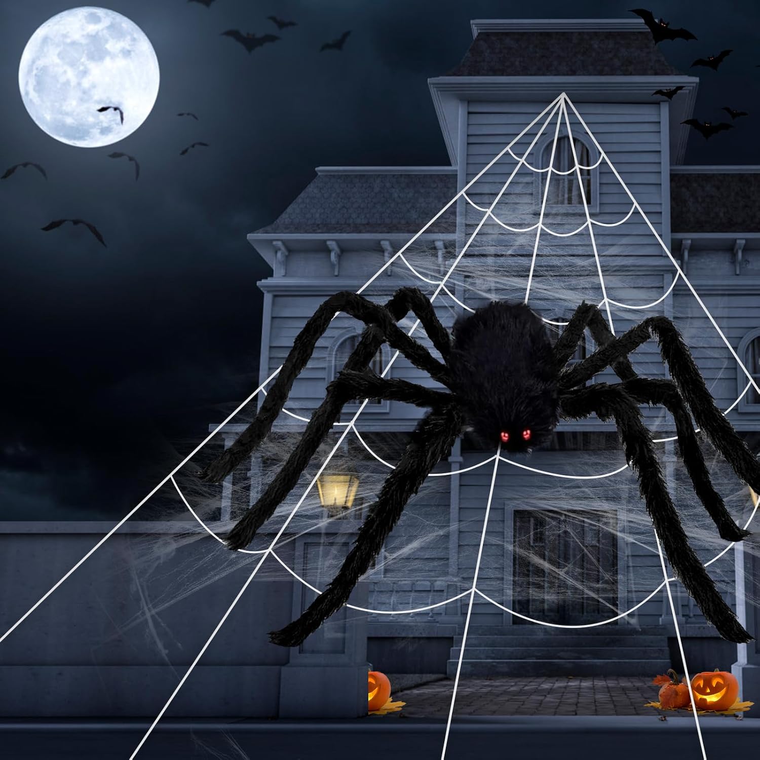 Spider Webs Halloween Decorations Outdoor - 200'' Triangular Spider Web + 49'' Giant Fake Spiders for Indoor Outdoor Halloween Decor Haunted House Décor Yard Home Garden Party