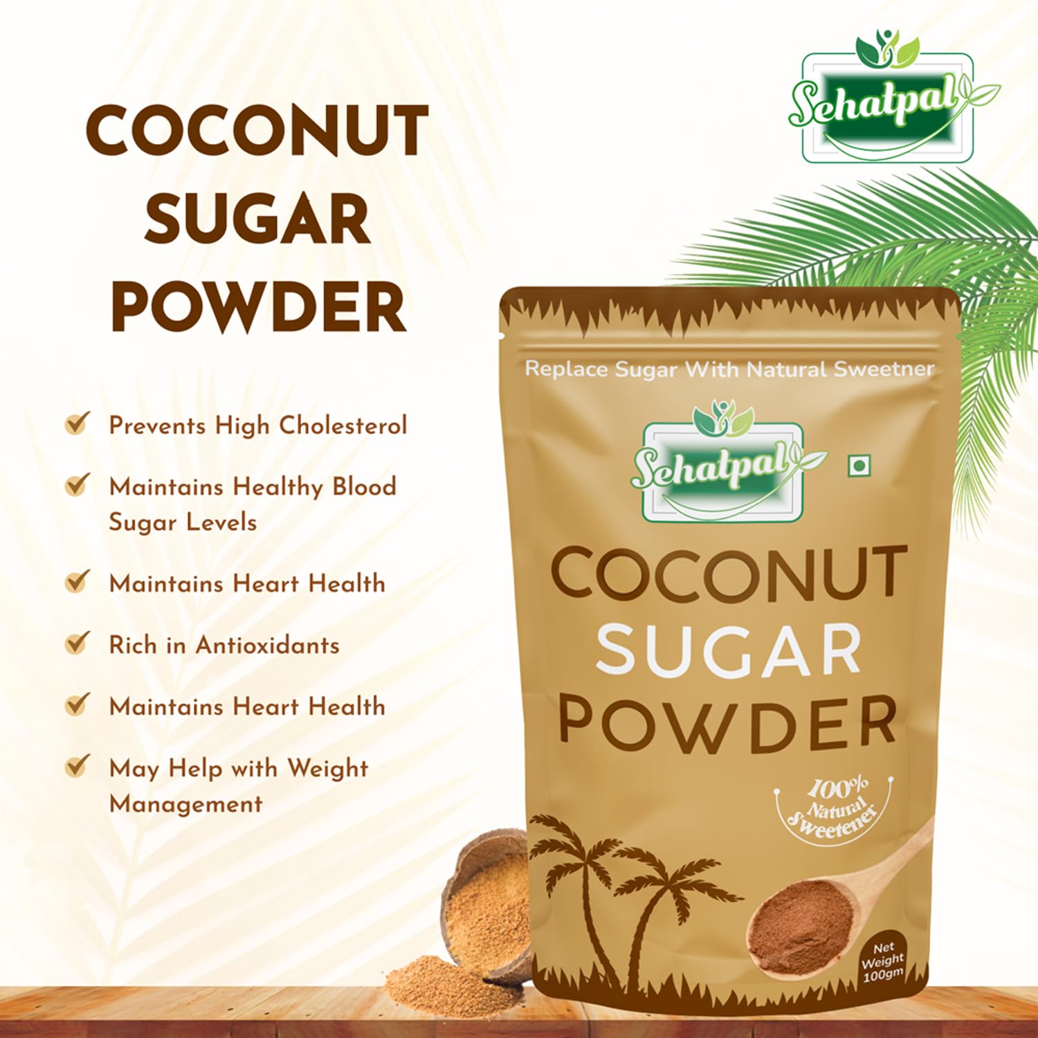 Sehatpal Natural Coconut Sugar 500gm I Pure & Healthy Sugar Substitute|  Pure Palm Sugar | Low Glycaemic Index | Diabetes Safe | No Chemicals | Pack  of ...