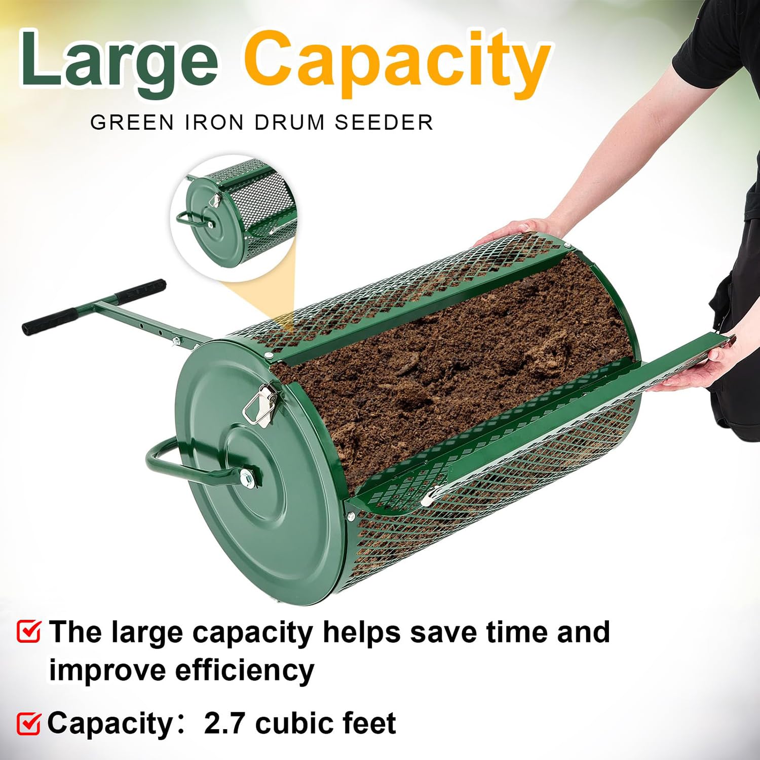 Esparcidor de compost, malla de metal duradera con mango en forma de T, herramienta ligera y eficiente para el cuidado del césped y el jardín, ideal para plantar y sembrar