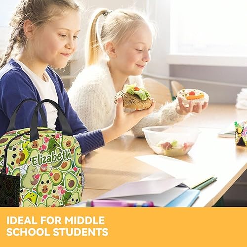 Miniatura 8 de Lonchera con nombre personalizado de aguacate para niños, pequeñas bolsas de almuerzo personalizadas, aisladas, bonita lonchera reutilizable para