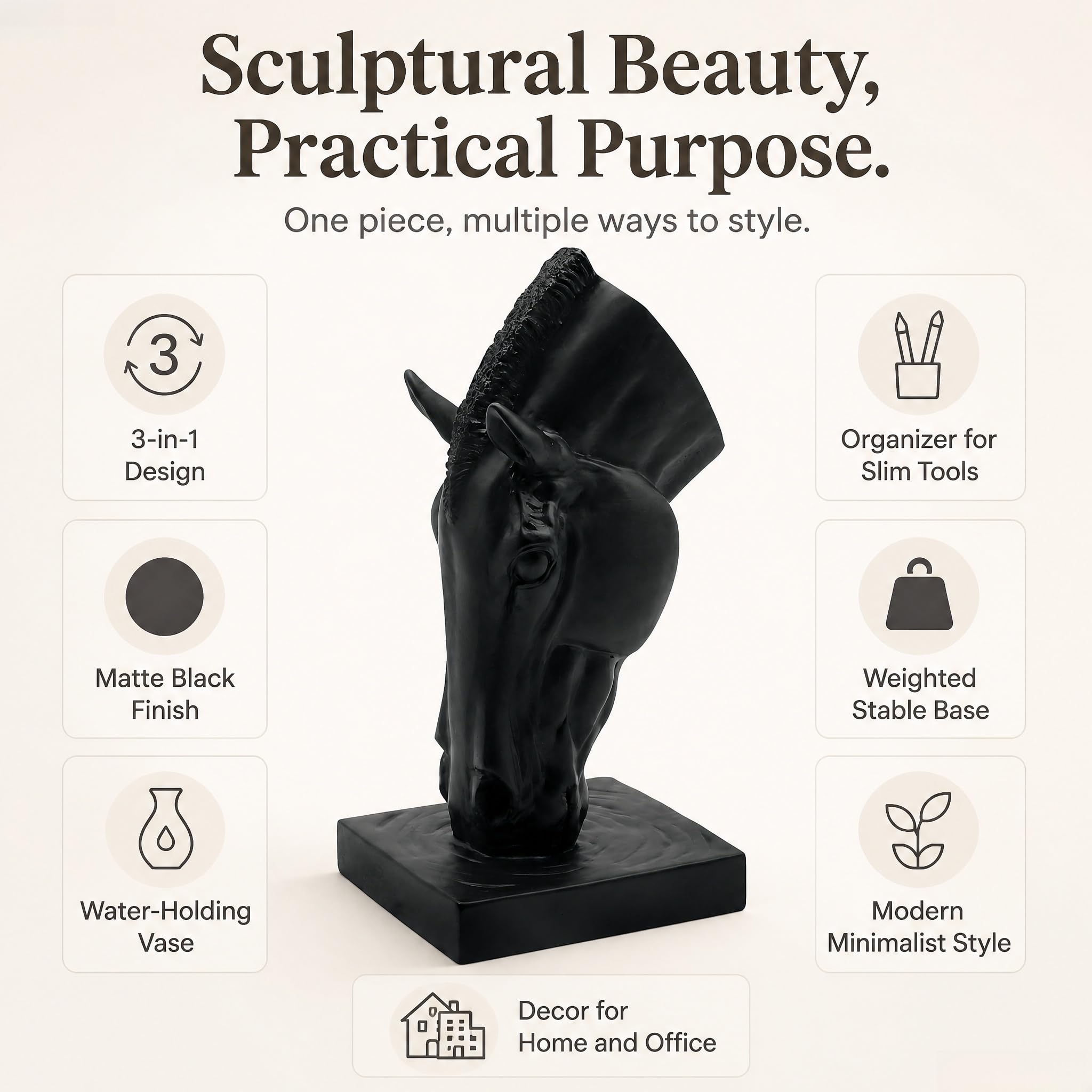 Pferdekopf Vase Schwarz Pferd Statue Harz Blumenvase Minimalistische Dekorative Vase für Garten Terrasse Wohnzimmer Elegantes Geschenk